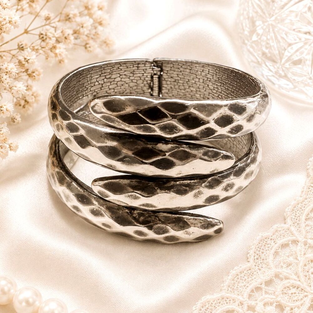 Silver Tone Hammered Hinged Clamper Cuff Bangle Bracelet